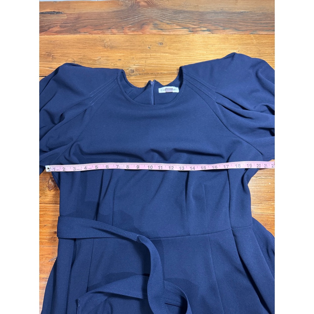 Calvin Klein Navy Puff Sleeve Belt Tie Waist Midi Dress Size 14W Altered Hem - Picture 7 of 10